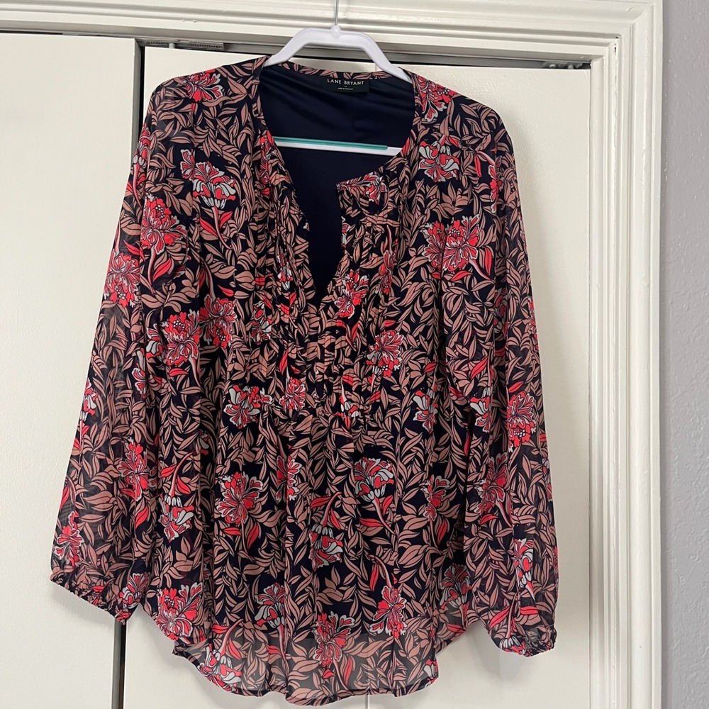 Lane Bryant Floral Leaf Print Chiffon Blouse Navy Red Pink Size 14 Long Sleeve - Picture 3 of 5